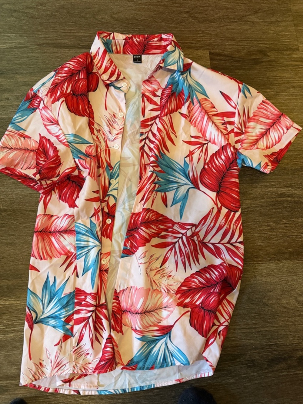 SHEIN Red & Blue Tropical Leaf Short Sleeve Button-Up Shirt